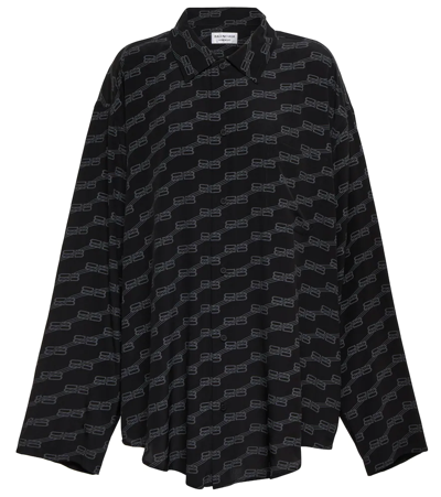 Balenciaga Bb Logo Long-sleeve Minimal Collared Silk Shirt In Black/grey