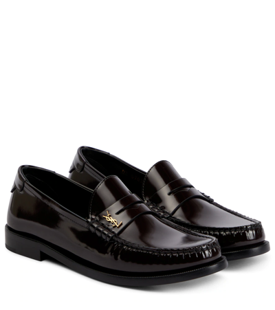 Saint Laurent Logo Leather Penny Loafers In Cordovan Red