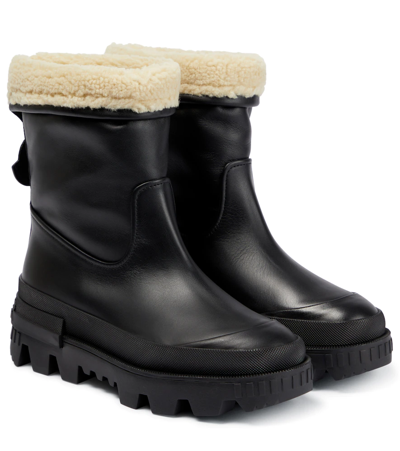 Moncler Moscova Faux Fur-trimmed Leather Ankle Boots In Black