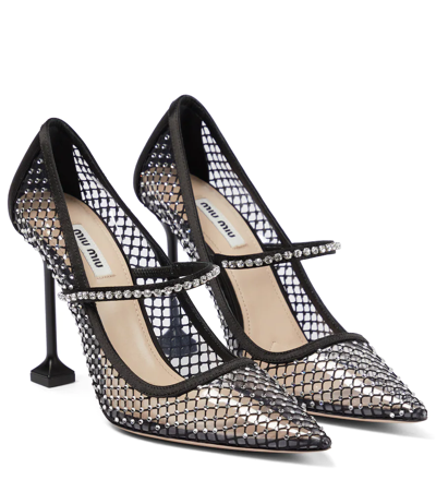 Miu Miu Crystal Embellished Fishnet Pointed Toe Pump In Nero