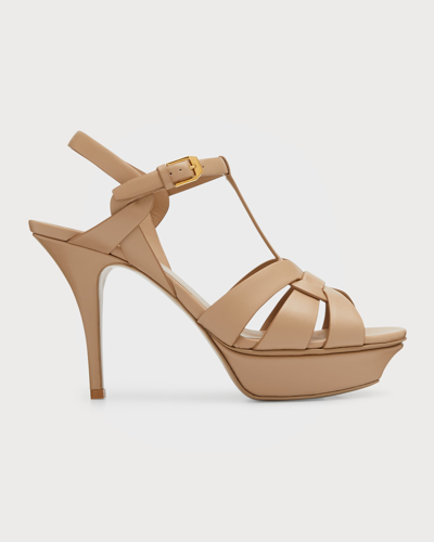 Saint Laurent Tribute Leather T-strap Platform Sandals In Dark Beige