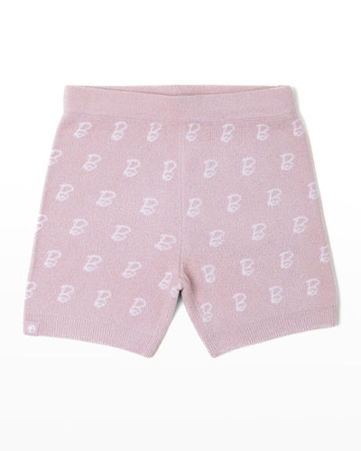 Barefoot Dreams Kids' Girl's Barbie Cozychic Monogram Biker Shorts In Dusty Rose White