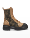 Fendi Brown Domino Ff Canvas Biker Boots In Brown/black