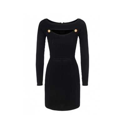Balmain Cutout Button-embellished Ribbed-knit Mini Dress In Black