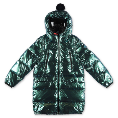 Ai Riders On The Storm Kids' Glossy Green Nylon  Long Down Feather Jacket With Hood