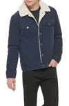 Guess Faux Shearling Lined Corduroy Shirt Jacket In Navy