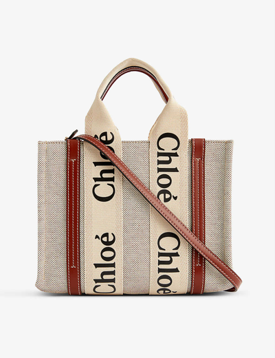 Chloé Womens White - Brown 1 Woody Small Linen Cross-body Bag In White/brown