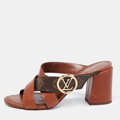 Louis Vuitton Brown Leather and Monogram Canvas Slide Sandals Size