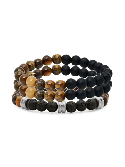 Anthony Jacobs Men's 3-piece Gunmetal-tone Stainless Steel & Multi-stone Beaded Bracelet Set