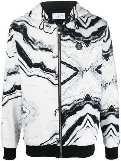 Philipp Plein All-over Marble-print Hooded Jacket In White