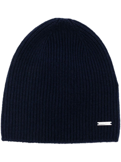 Woolrich Cashmere Ribbed Beanie In Melton Blue