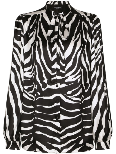 Dolce & Gabbana Zebra-print Neck-tie Silk Shirt In Black