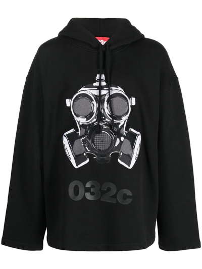 032c Oversized Mask Hoodie Black Cotton Hoodie With Gas Mask Print - Oversized Mask Hoodie