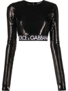 Dolce & Gabbana Long Sleeve Embellished Crop Top In Schwarz