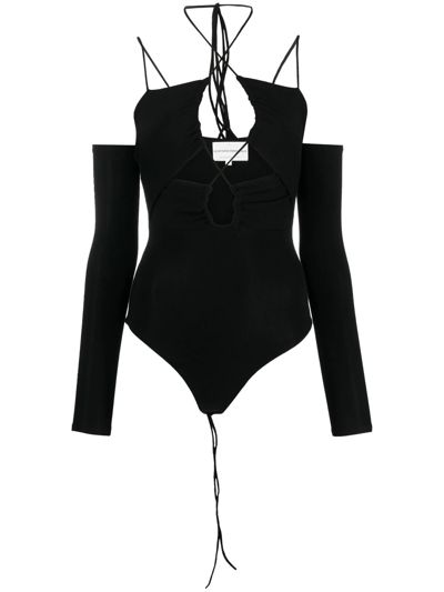 Lama Jouni Off-shoulder Tie-detail Bodysuit In Black