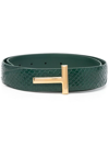 Tom Ford T Buckle Python Embossed Smooth Leather Belt In Emerald