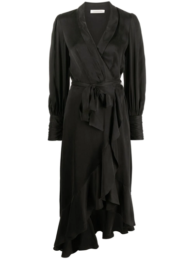 Zimmermann Long-sleeve Wrap Silk Midi Dress In Black