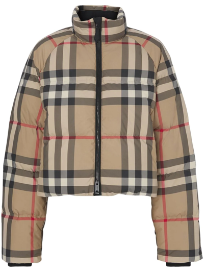 Burberry Check Cropped Puffer Jacket In Beige