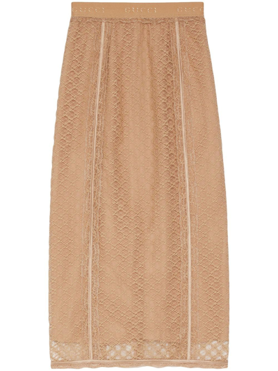 Gucci Gg-embroidered Lace Midi Skirt In Neutrals