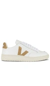 Veja V-12 Leather And Suede Sneakers In Extra White & Dune