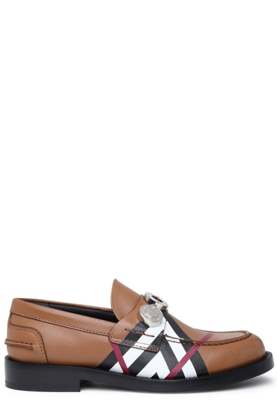 Burberry Broadbrook Pattern Leather Emblem Loafers In Brown