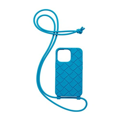 Bottega Veneta Intrecciato Rubber Iphone 13 Pro Case With Lanyard In Blue