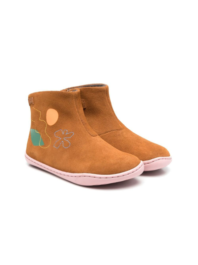 Camper Kids' Side Embroidered-detail Boots In Brown