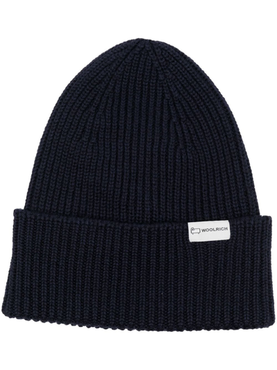 Woolrich Ribbed Beanie In Merino Wool In Blue