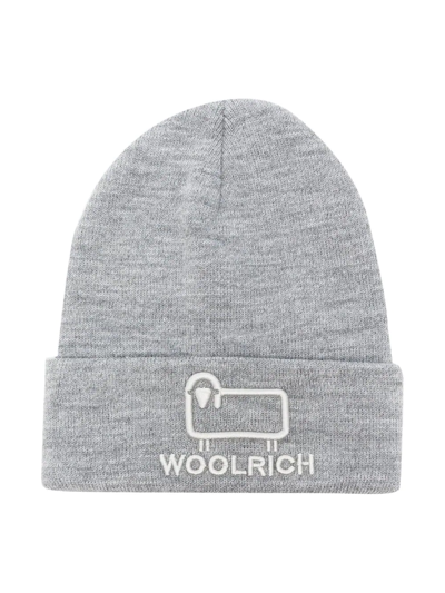 Woolrich Kids' Logo-embroidered Beanie In Grey