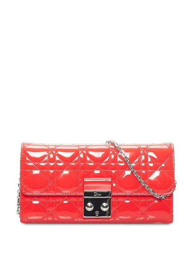 Pre-owned Dior Cannage Promenade Wallet On Chain In Red