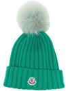 Moncler Wool Rib Beanie With Faux Fur Pompom In Military