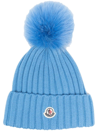 Moncler Wool Rib Beanie With Faux Fur Pompom In Blue