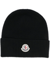 Moncler Black Logo Patch Knitted Beanie Hat In Black