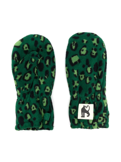 Mini Rodini Kids' Leopard-print Fleece Mittens In Green
