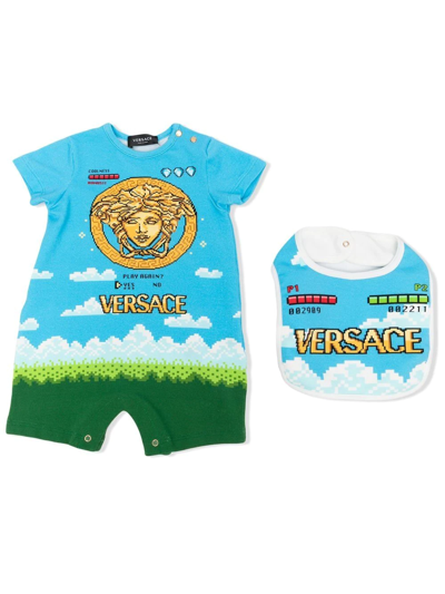 Versace Babies' Printed Cotton Jersey Romper & Bib In Multicolor