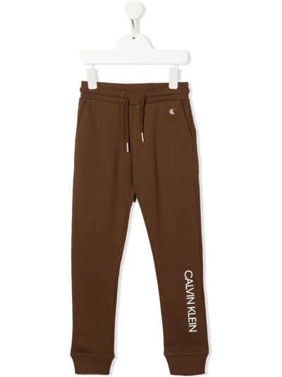 Calvin Klein Kids' Logo-print Cotton-fleece Track Pants In Brown