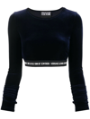 Versace Jeans Couture Long-sleeve Logo Band Crop Top In Blue