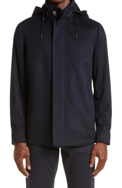 Zegna Oasi Cashmere Lite Hooded Jacket In Navy