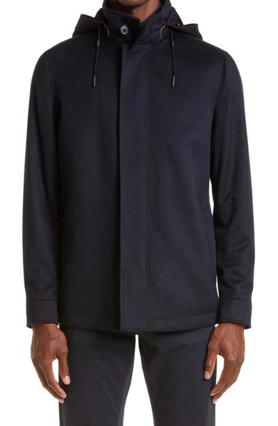 Zegna Oasi Cashmere Lite Hooded Jacket In Blue