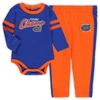 OUTERSTUFF INFANT ROYAL/ORANGE FLORIDA GATORS LITTLE KICKER LONG SLEEVE BODYSUIT AND SWEATtrousers SET