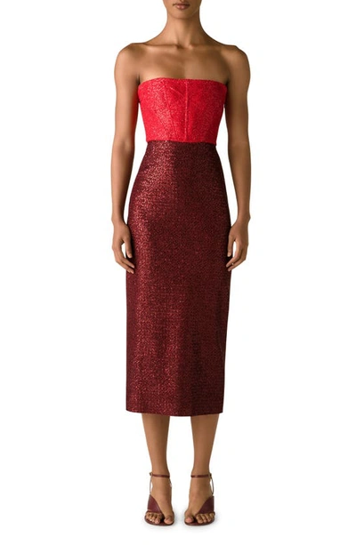 St John Strapless Colorblock Sequin Midi Dress In Red/ Burgundy | ModeSens