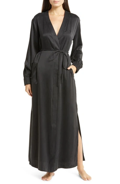 Lunya Washable Silk Long Dressing Gown In Immersed Black