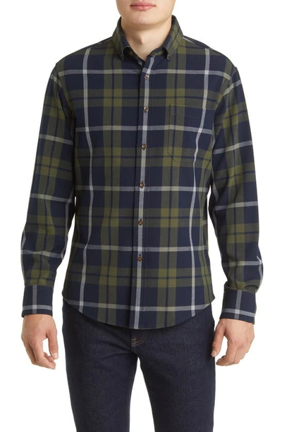 Mizzen + Main City Trim Fit Plaid Stretch Flannel Button-down Shirt In Olive Navy Large Plaid