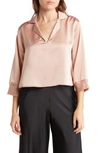 Renee C Notch Collar Long Sleeve Solid Satin Top In Rose