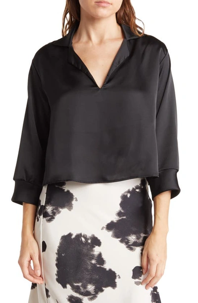 Renee C Notch Collar Long Sleeve Solid Satin Top In Black