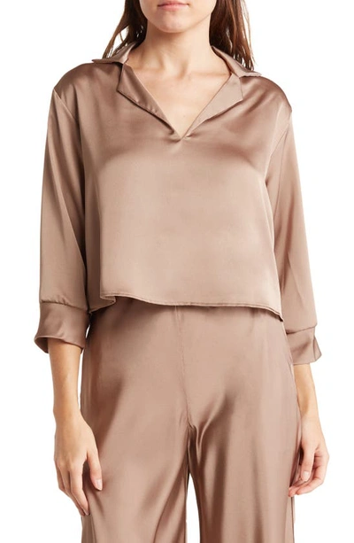 Renee C Notch Collar Long Sleeve Solid Satin Top In Dune