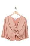 Renee C Plunge Neck Long Sleeve Twisted Knot Satin Top In Rose