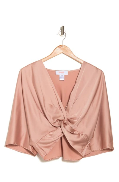 Renee C Plunge Neck Long Sleeve Twisted Knot Satin Top In Rose