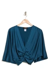 Renee C Plunge Neck Long Sleeve Twisted Knot Satin Top In Teal