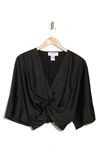 Renee C Plunge Neck Long Sleeve Twisted Knot Satin Top In Black